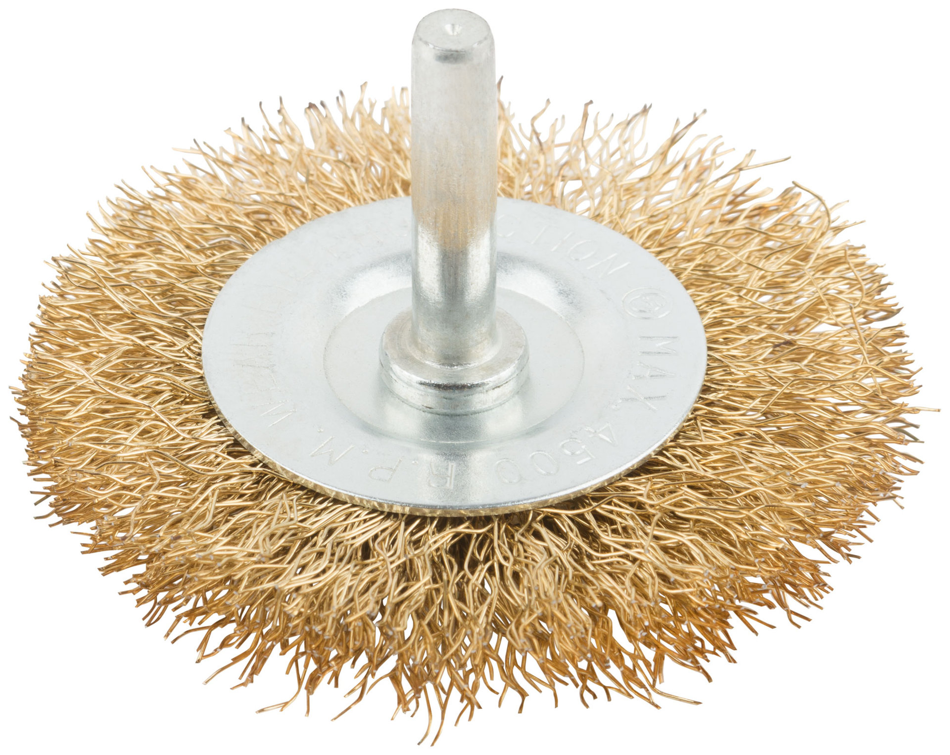 Корщетка, тип колесо, со штифтом, стальная латунированная волнистая проволока 63 мм (38483М)