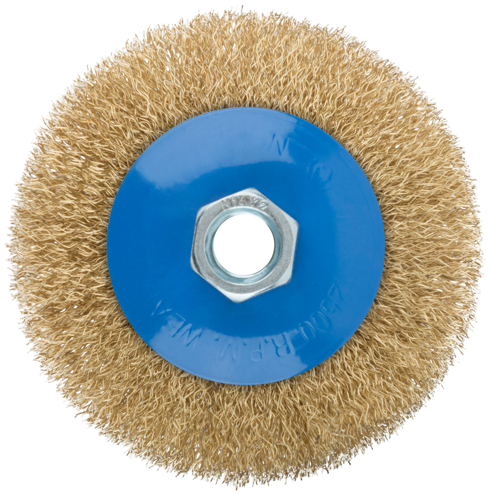 Корщетка, тип колесо с наклоном, гайка М14, стальная волнистая латунированная проволока 100 мм (38926М)