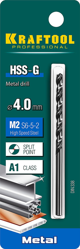 Сверло по металлу 4.0 х 75 мм сталь P6M5 HSS-G KRAFTOOL 29651-4