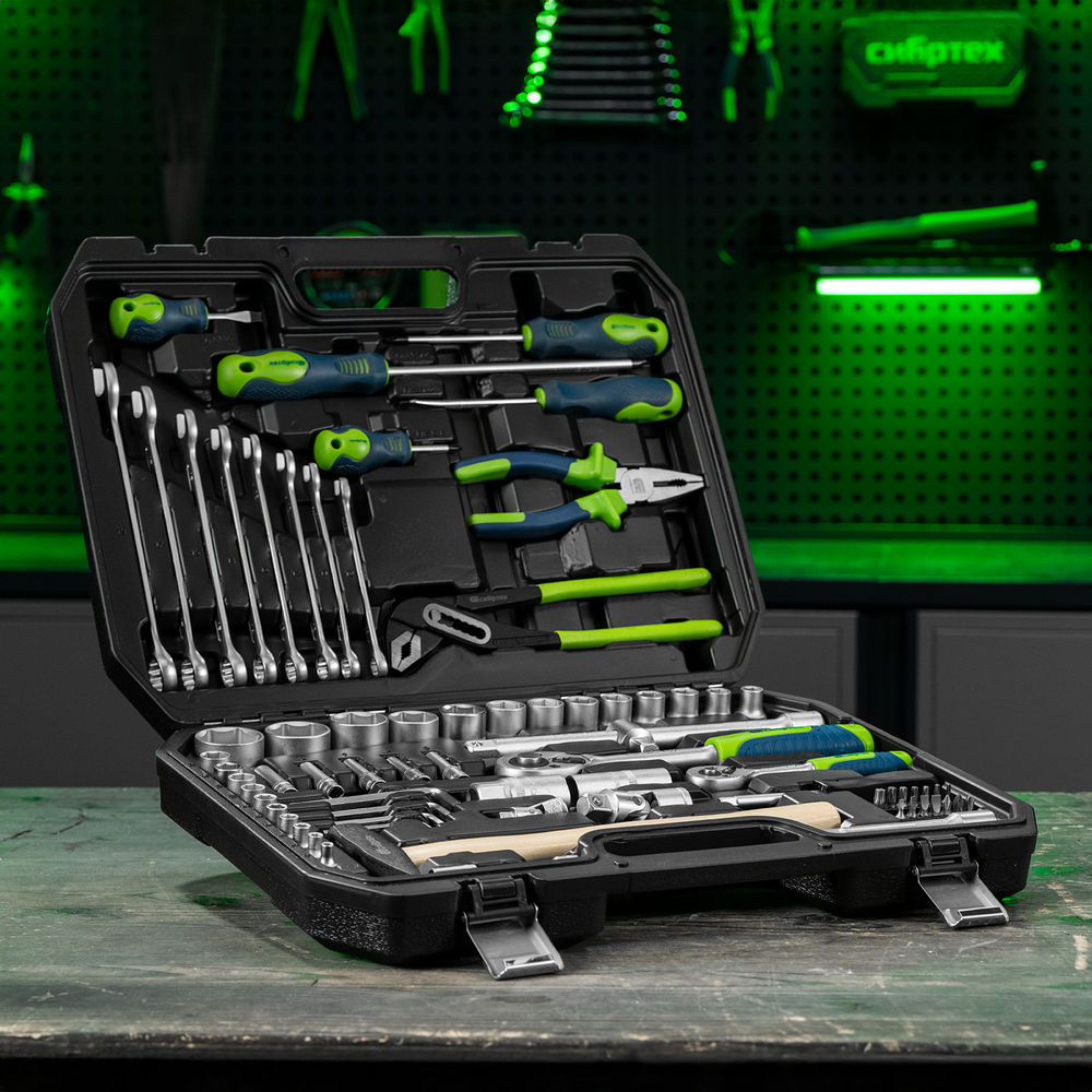 Набор инструментов, 1/2, 1/4, пластиковый кейс 76 предметов Сибртех