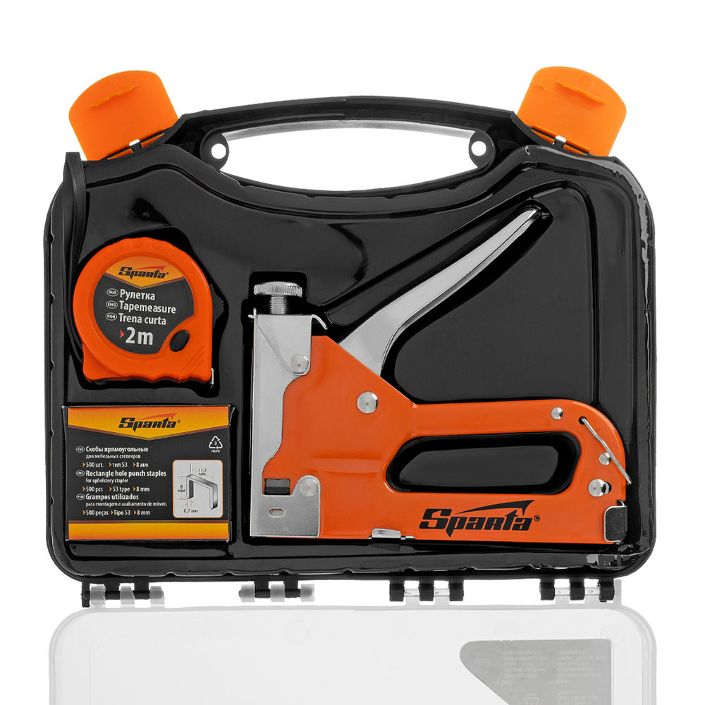 Набор: степлер мебельный регулируемый, скобы 500 шт, рулетка 2 м, тип скобы 53, 4-14 мм Sparta (42003)