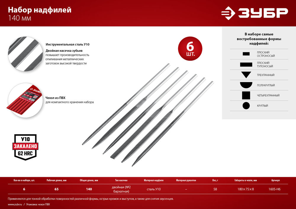Набор надфилей 6 шт 140 мм в чехле ЗУБР 1605-H6