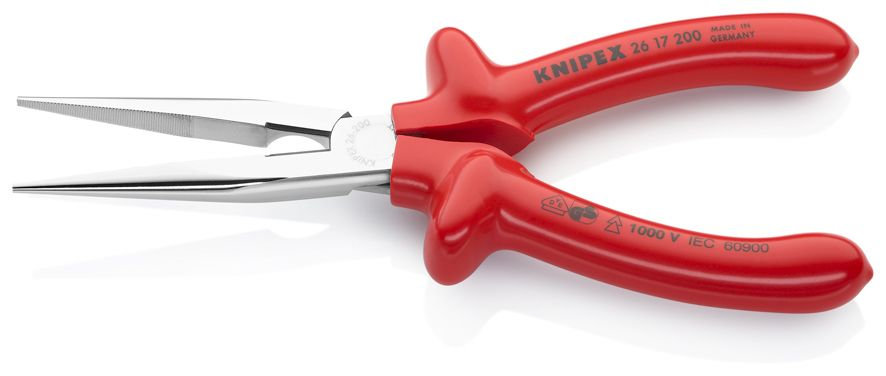 Длинногубцы с режущими кромками VDE, 200 мм, хром, обливные диэлектрические ручки (KN-2617200)