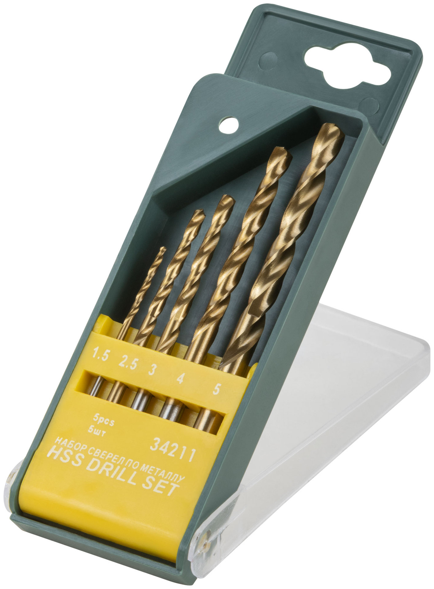 Набор сверл HSS по металлу, титановое покрытие, 5 шт. (1,5-2,5-3-4-5 мм) (34211)