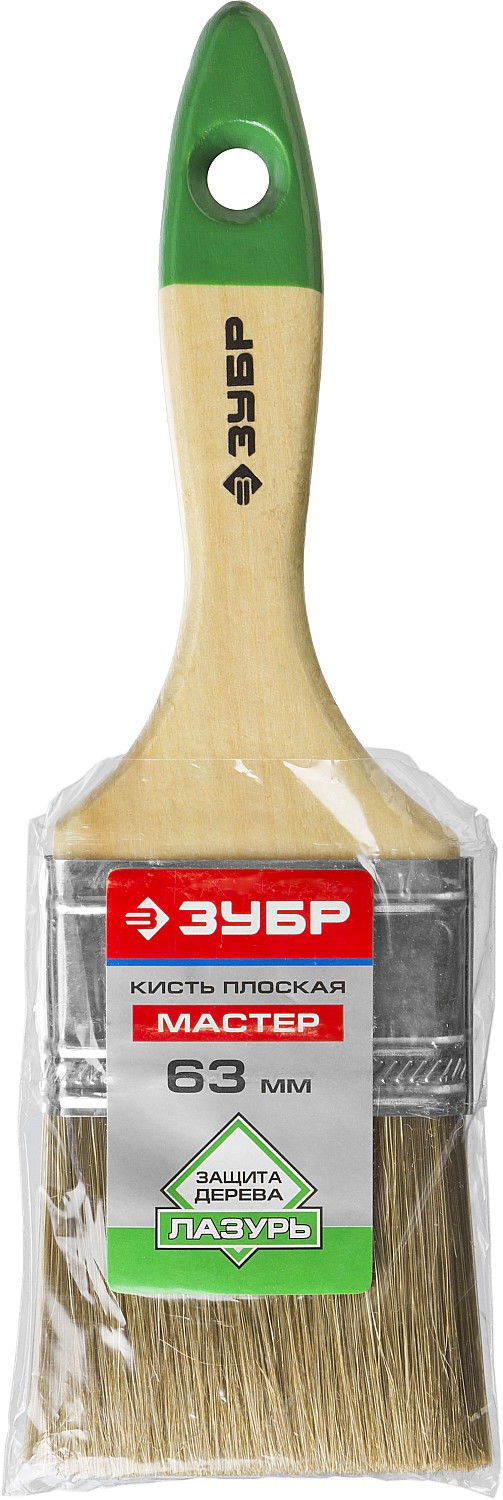 Плоская кисть ЛАЗУРЬ, 63 мм, 2.5, светлая смешанная щетина, деревянная ручка ЗУБР 4-01009-063