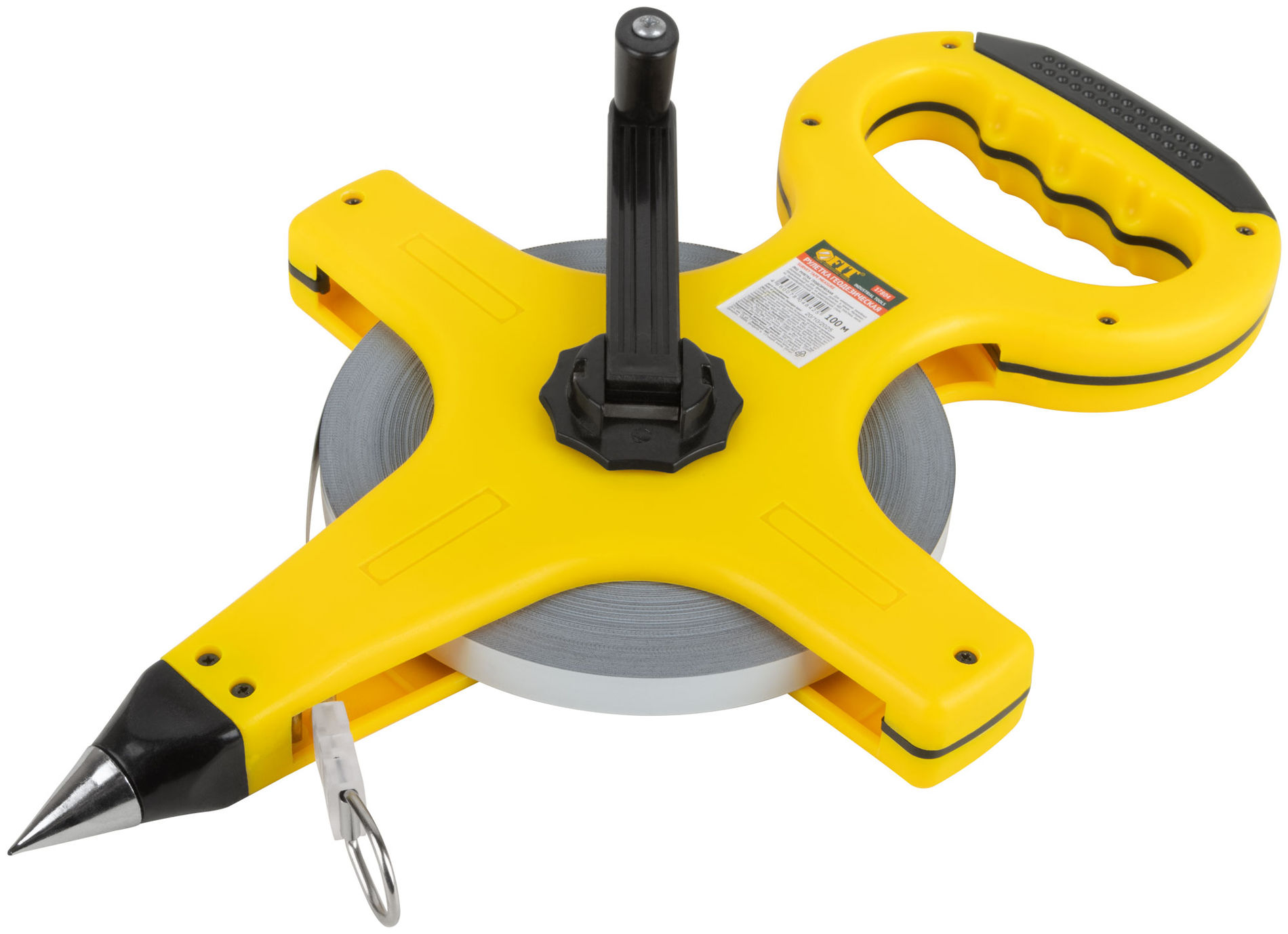 Рулетка геодезическая, стальная лента, желтый открытый пластиковый корпус, прорезиненная ручка 100 м (17804)