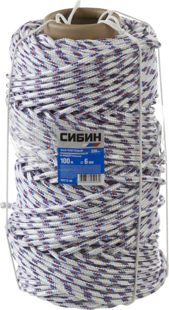 Плетеный полипропиленовый фал с сердечником d 6 мм 16-прядный 100 м СИБИН 50215-06