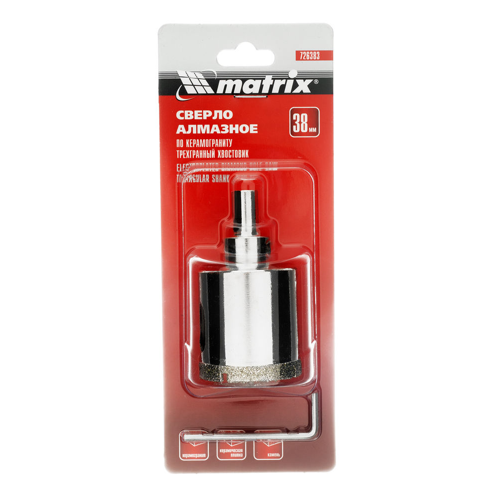 Сверло алмазное по керамограниту, 38 х 67 мм, трехгранный хвостовик Matrix (726383)