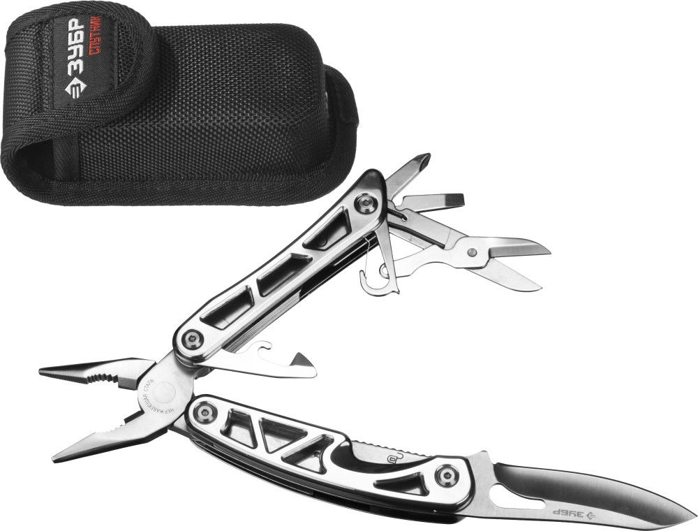 Мультитул 11-в-1 с подсветкой, металлические ручки, нейлоновый чехол 110 мм ПРОФЕССИОНАЛ СПУТНИК ЗУБР 47770