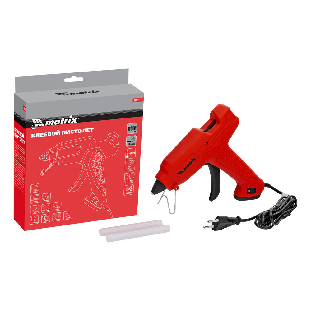 Клеевой пистолет, 11 мм, 40 (100) Вт, 18 г/мин, выключатель и индикатор напряжения Matrix (93007)