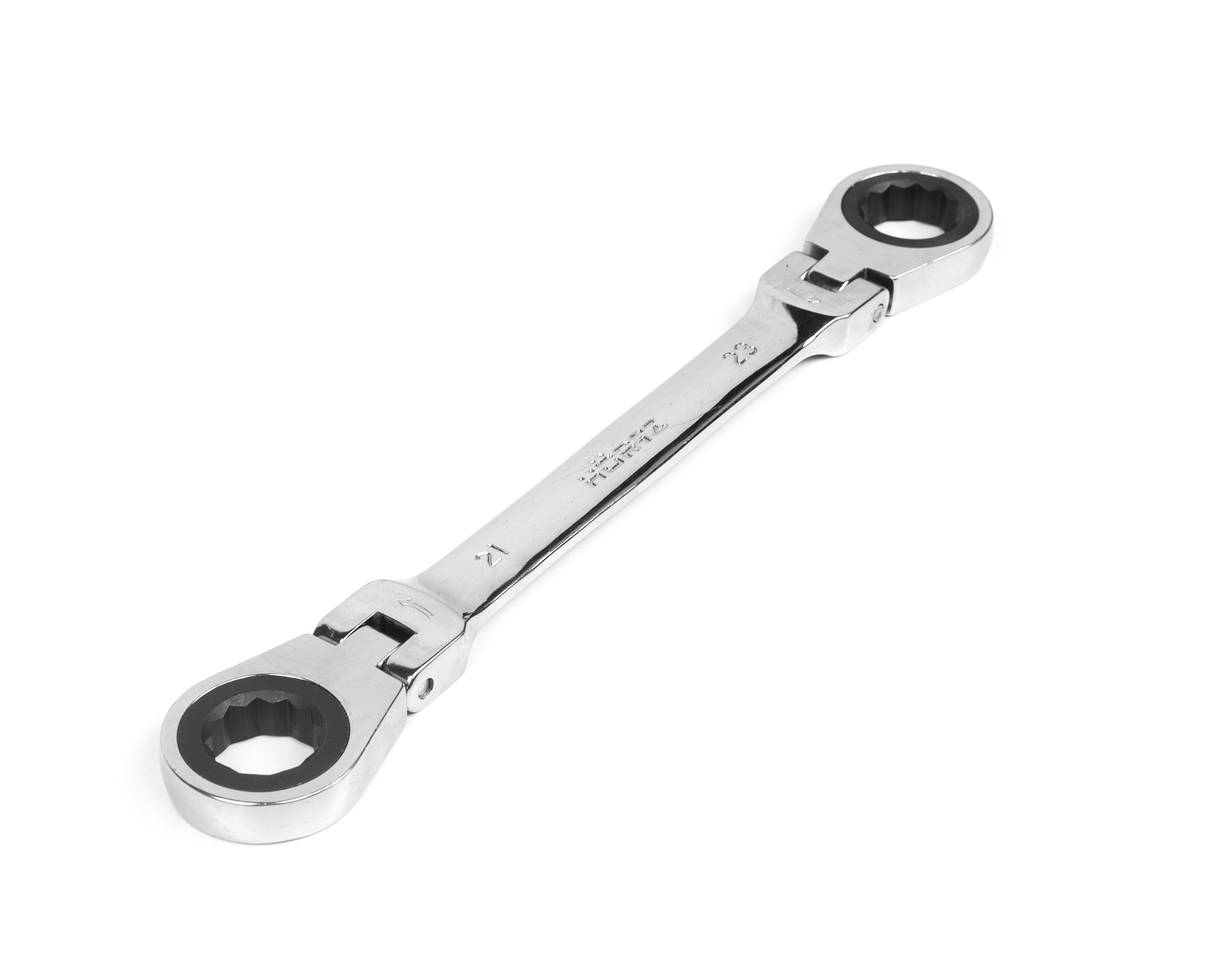Ключ накидной двусторонний 21х23 мм трещоточный шарнирный хром HORTZ