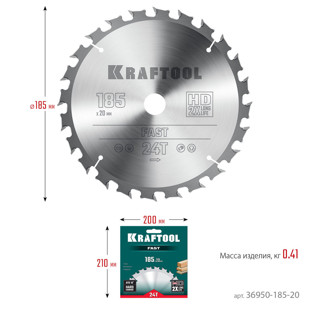 Пильный диск по дереву Fast, 185 х 20 мм, 24Т KRAFTOOL 36950-185-20