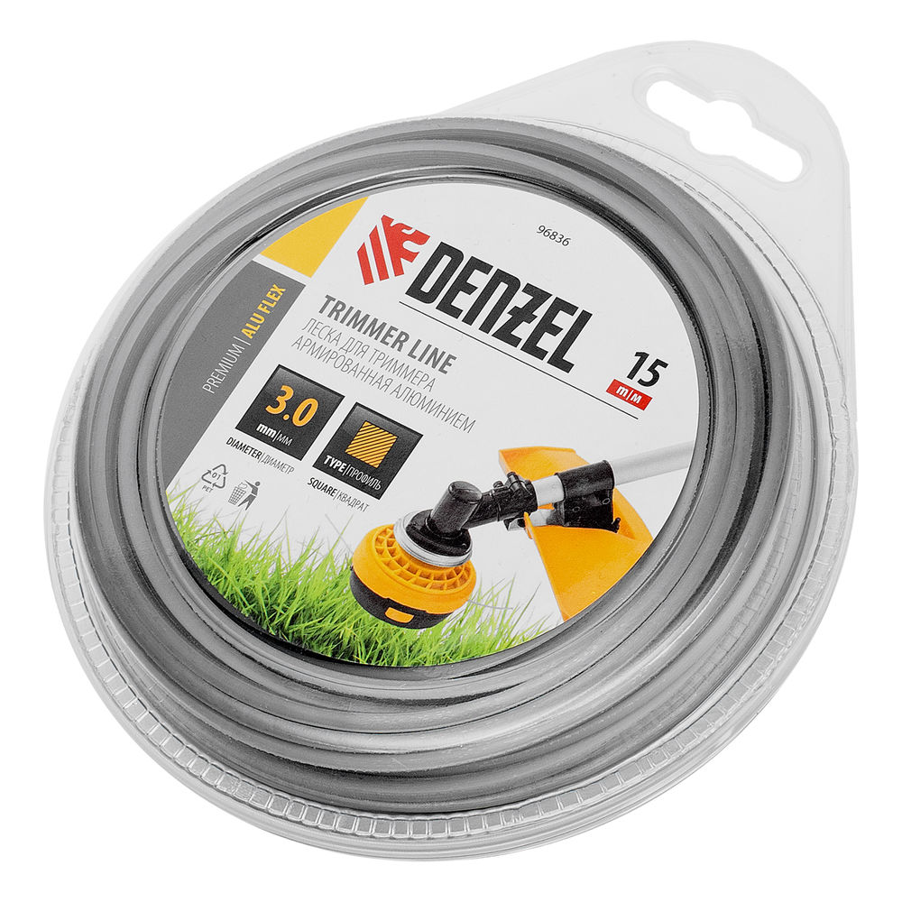 Леска для триммера армированная алюминием квадратная, 3,0мм х 15м, блистер ALUFLEX Denzel (96836)