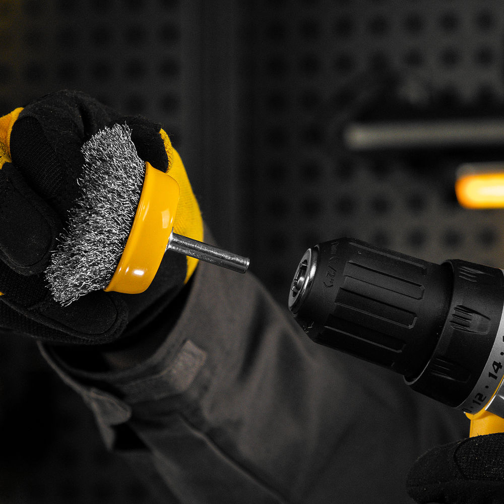 Щетка для дрели, 50 мм, Чашка, со шпилькой, нержавеющая витая проволока Denzel (744633)