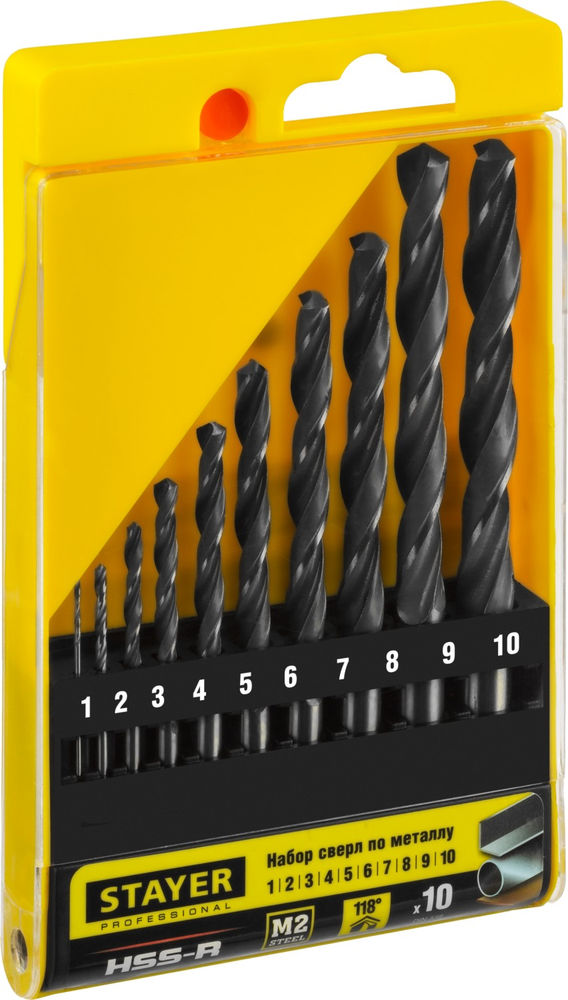 Набор сверл по металлу быстрорежущая сталь P6M5 класс В Professional HSS-R STAYER 10 шт (1-10 мм) 29602-H10_z01  