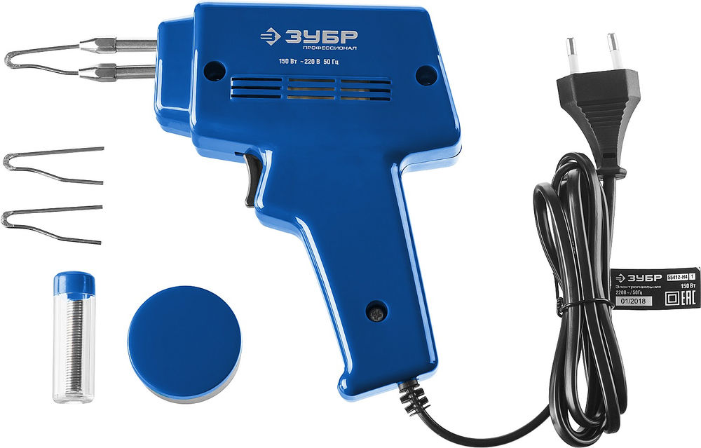 Паяльник импульсный 150 Вт, в наборе: нагрев 6 сек., канифоль, припой, 2 сменных жала ЗУБР Профессионал 55412-H4_z01