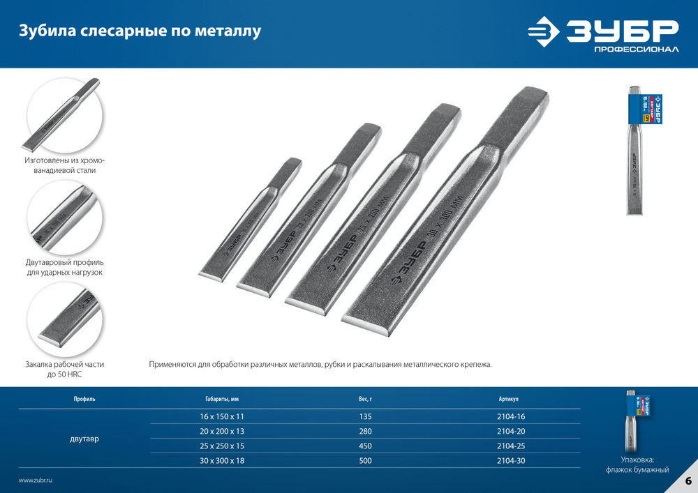 Зубило слесарное двутавровое усиленное по металлу 16 x 150 мм ЗУБР Двутавр Профессионал 2104-16