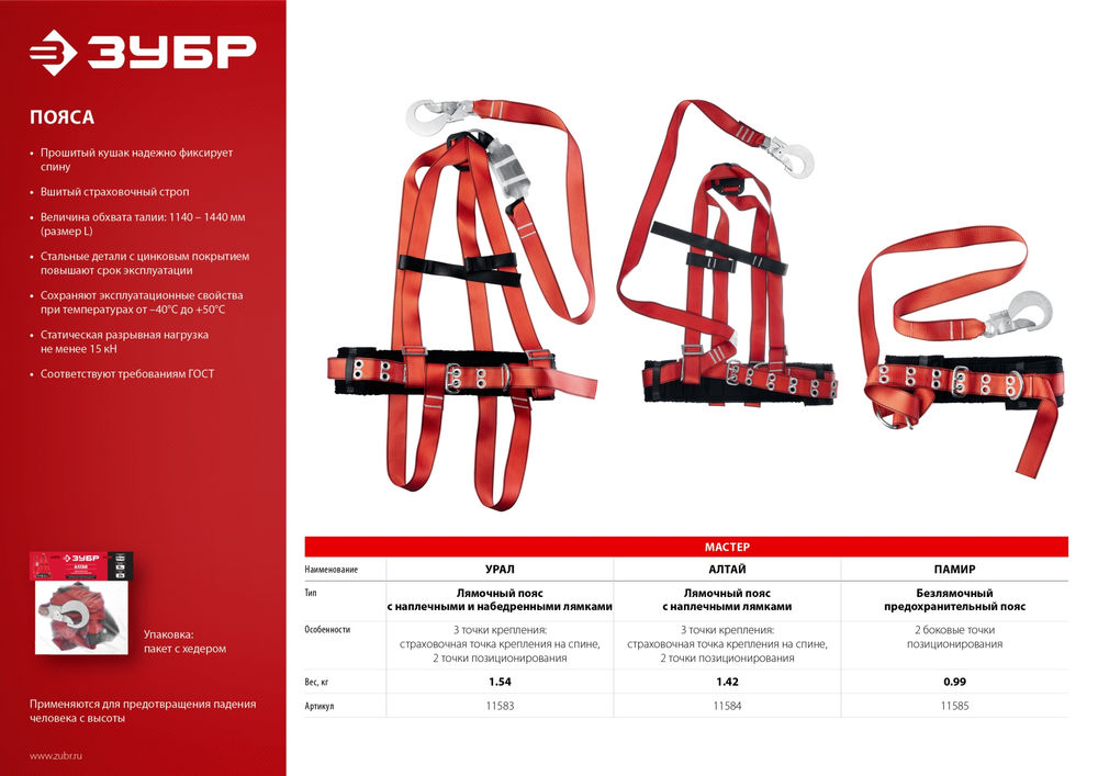 Пояс страховочный УРАЛ строп с ленточным амортизатором, 3 точки крепления, L (1140-1440), лямочный с наплечными и набедренными лямками ЗУБР 11583