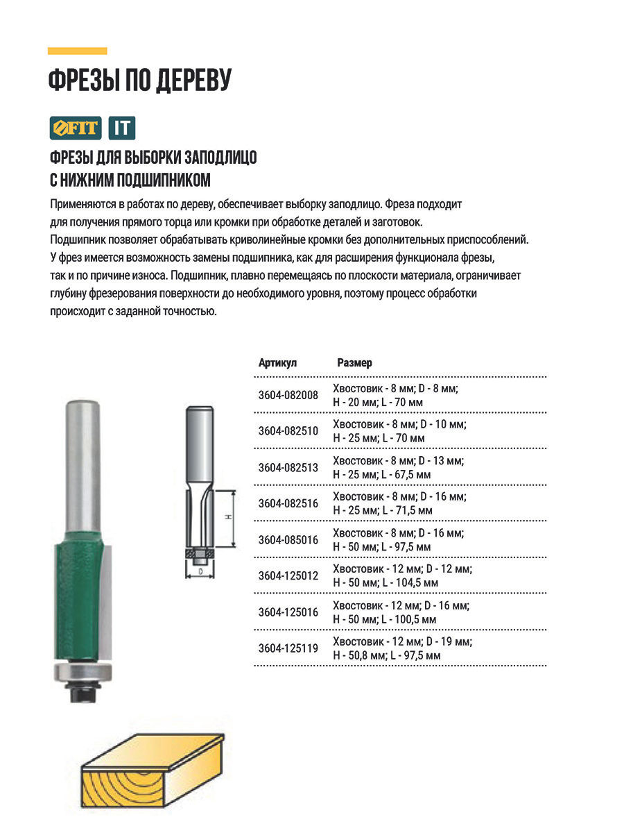 Фреза для выборки заподлицо с нижним подшипником DxHxL= 8х20х70 мм (3604-082008)