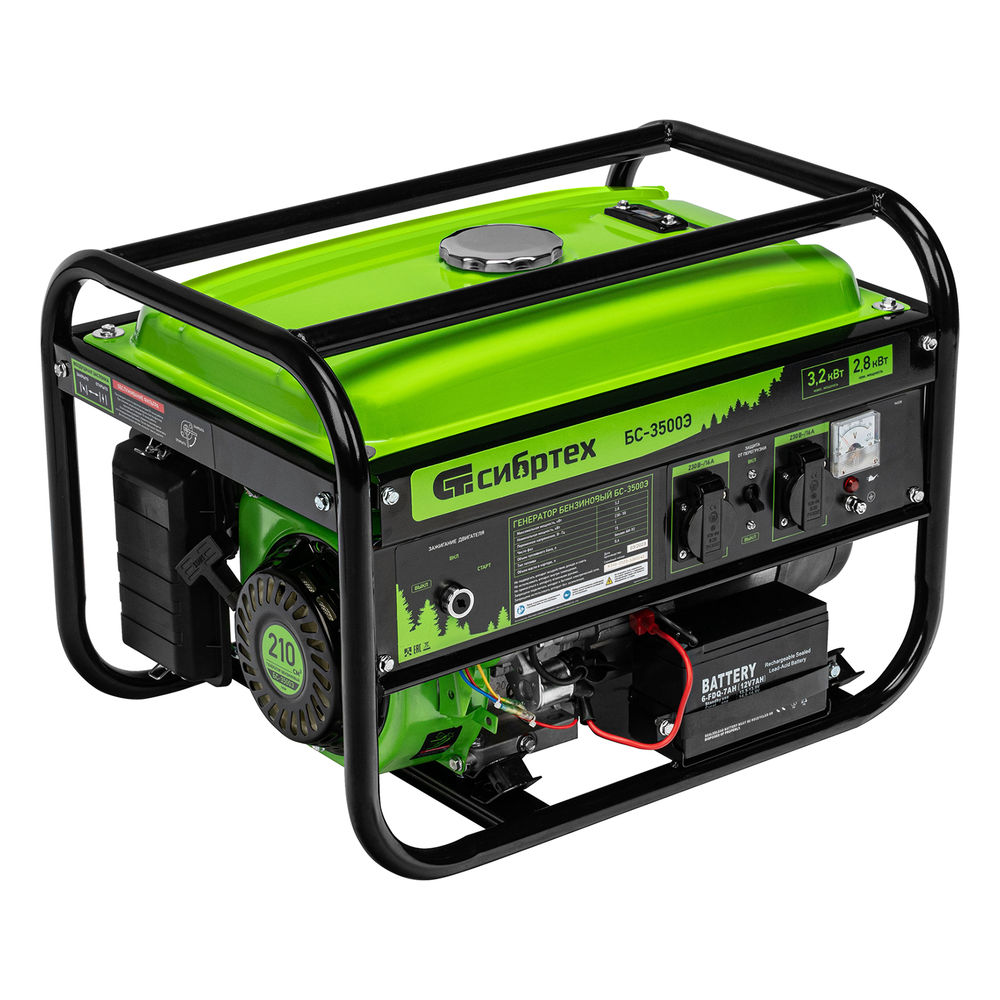 Генератор бензиновый БС-3500Э, 3.2 кВт, 230В, 4-х тактный, 15 л, электростартер Сибртех (94538)