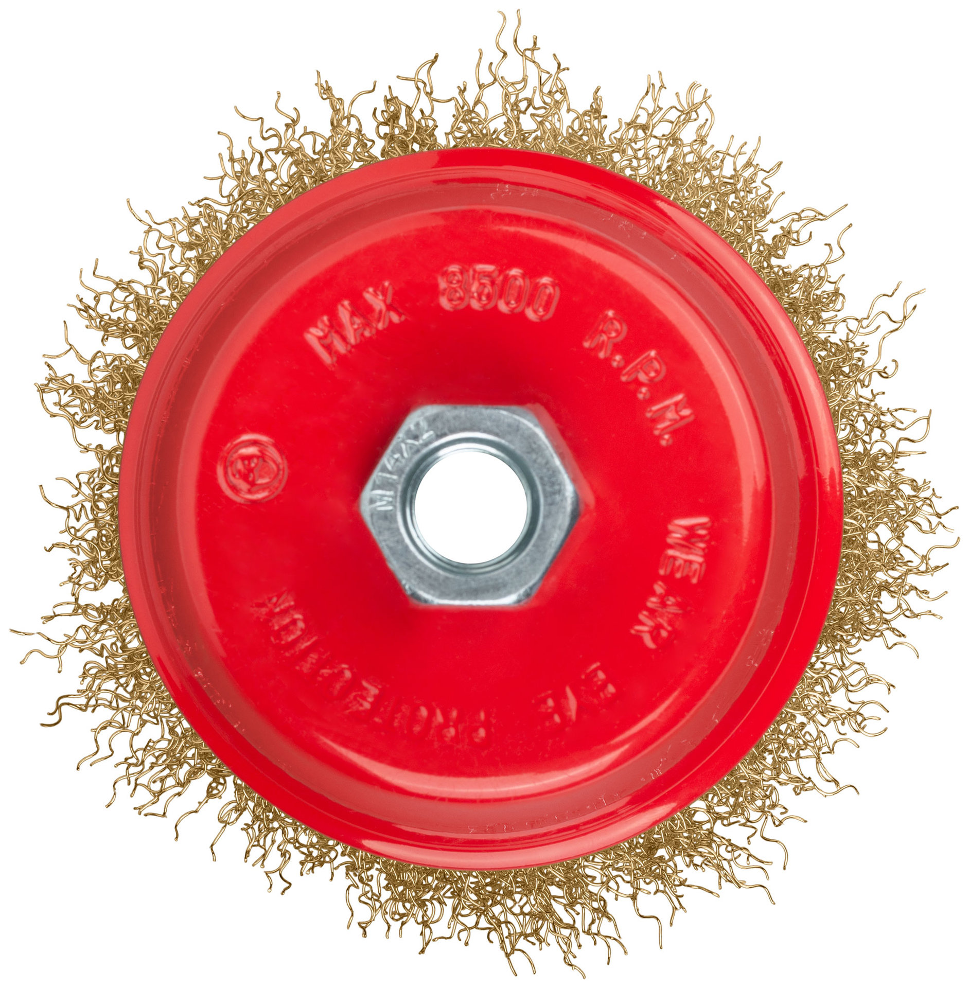 Корщетка-чашка, гайка М14, стальная латунированная волнистая проволока 100 мм (39270)