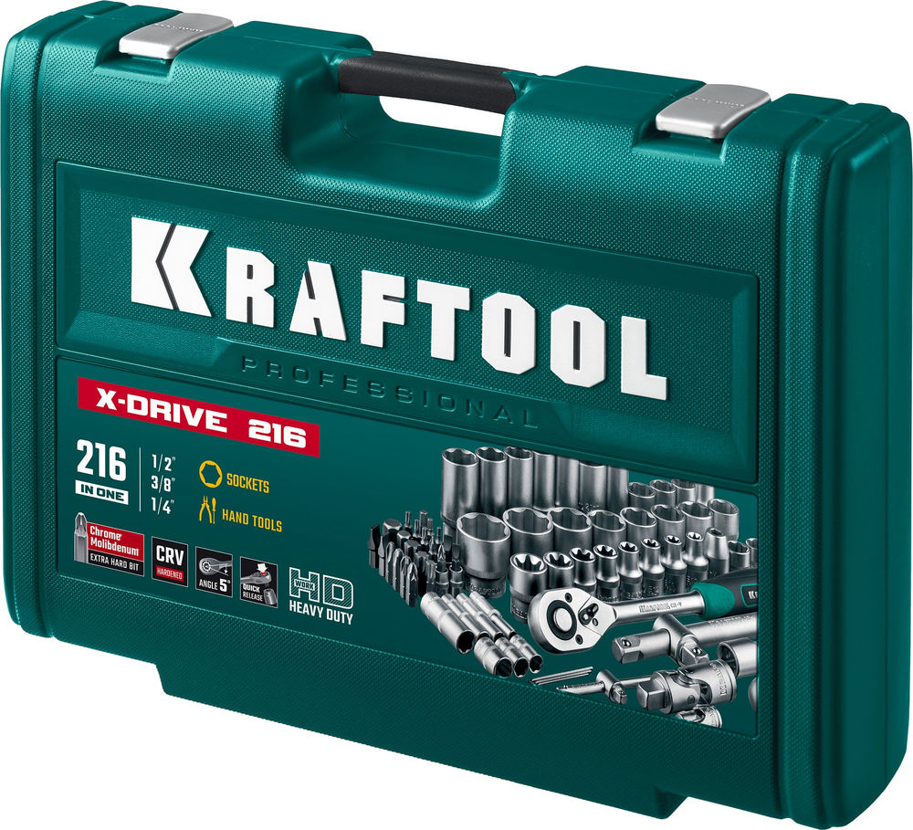 Набор инструмента универсальный 216 предм., (1/2+3/8+1/4) X Drive KRAFTOOL 27888-H216