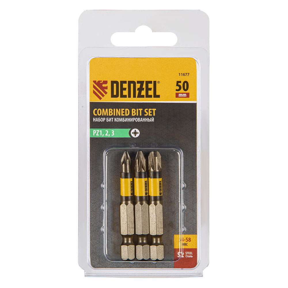 Набор бит комбинированный 3 шт., PZ1, PZ2, PZ3, 50 мм, сталь S2 Denzel (11677)