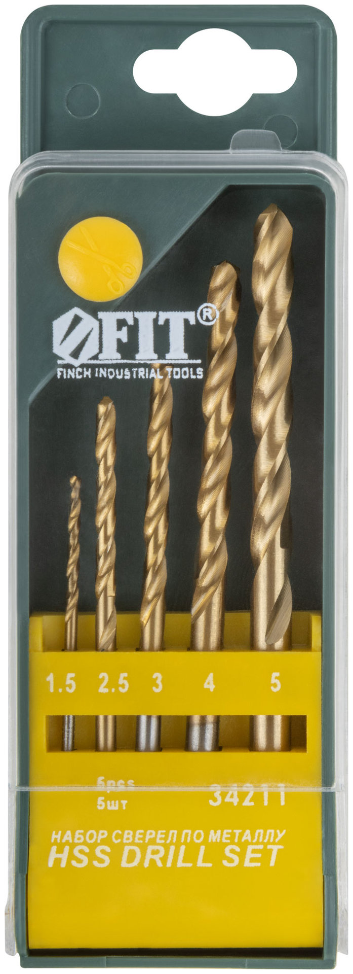 Набор сверл HSS по металлу, титановое покрытие, 5 шт. (1,5-2,5-3-4-5 мм) (34211)