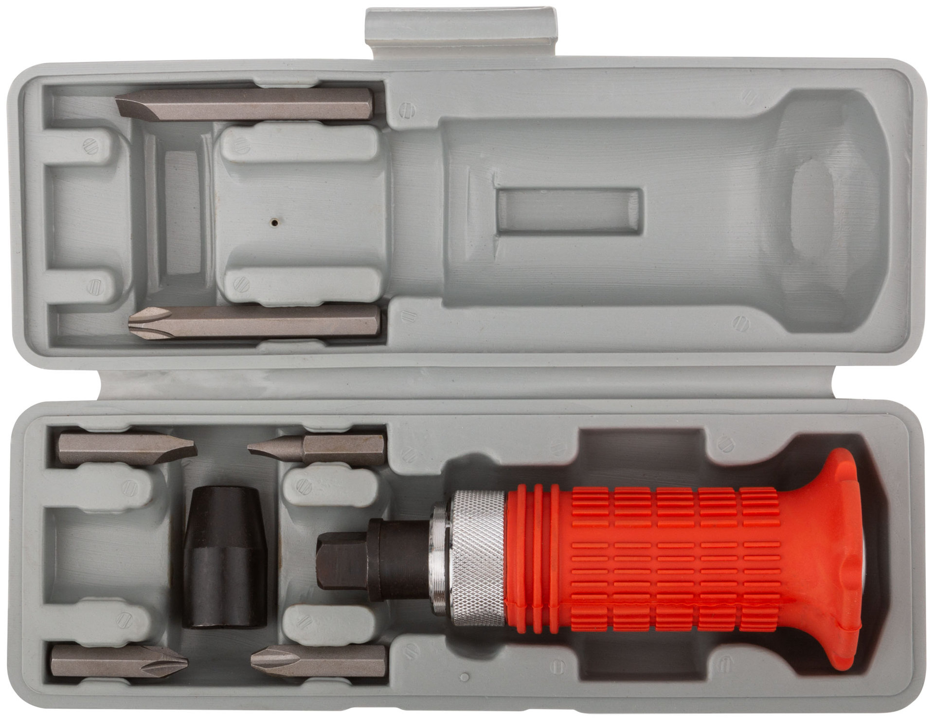 Отвертка ударная, 6 CrV специальных бит, резиновая ручка, пластиковый кейс (56266)