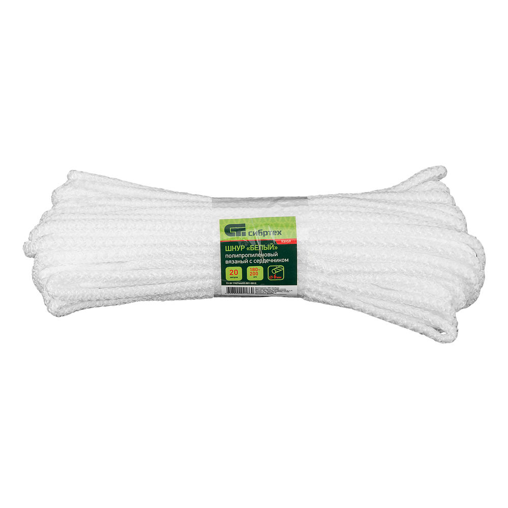 Шнур вязаный полипропиленовый с серд. белый, 6 мм, L 20 м, Сибртех (93959)