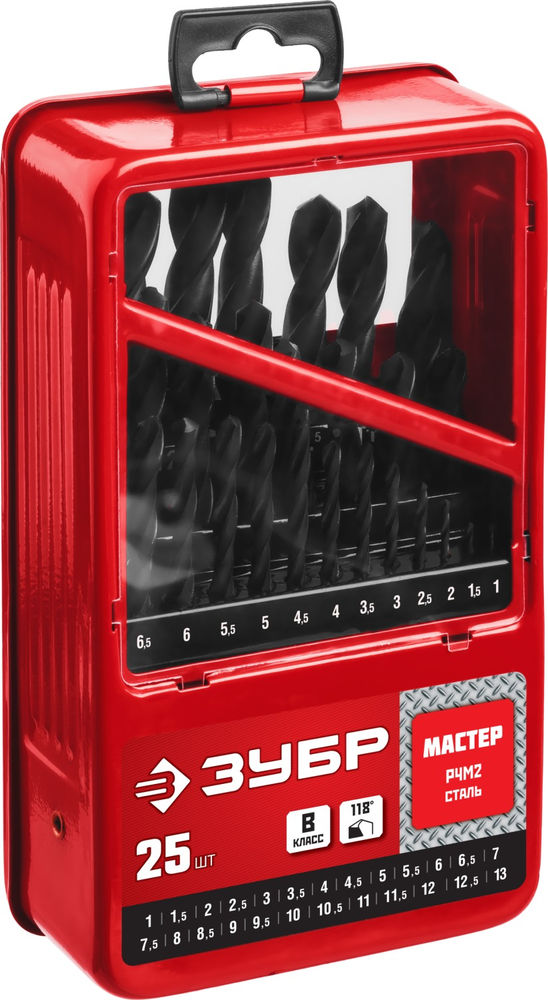 Набор сверл по металлу 25 шт, 1–13 мм, сталь Р4М2, класс В, металлический бокс ЗУБР 29605-H25