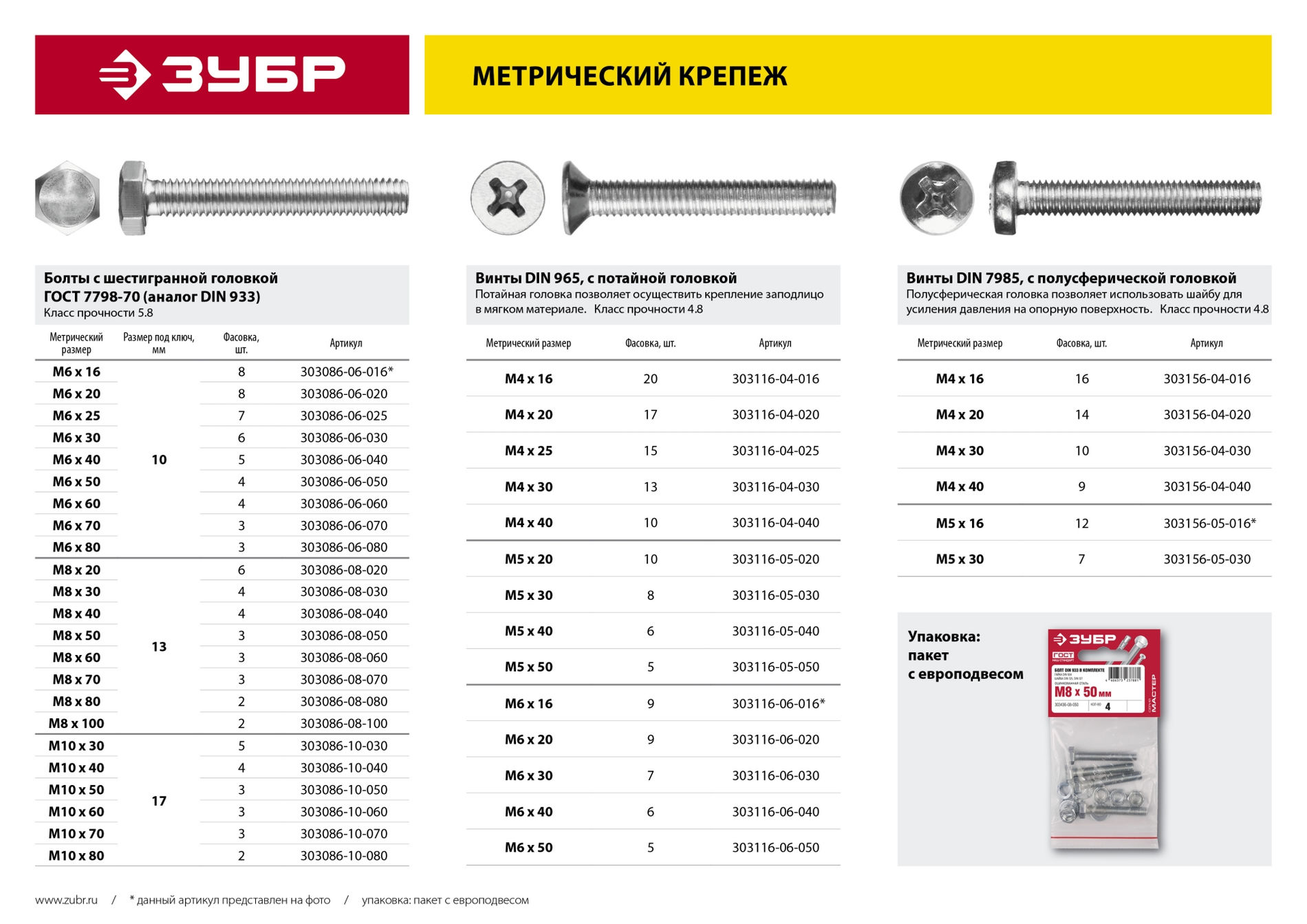 ЗУБР ГОСТ 7798-70, кл. пр. 5.8, M10 х 80 мм, цинк, 2 шт, болт (303086-10-080)