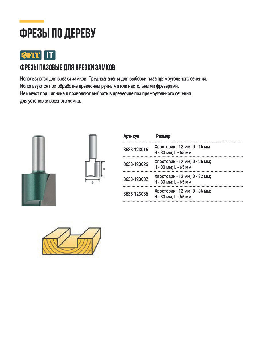 Фреза пазовая для врезки замков DxHxL=32х30х65 мм (3638-123032)