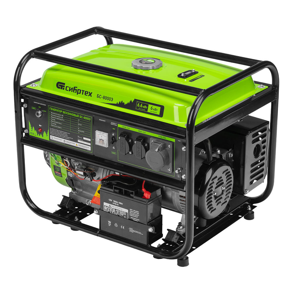 Генератор бензиновый БС-8000Э, 6,6 кВт, 230В, четырехтактный, 25 л, электростартер Сибртех (94549)