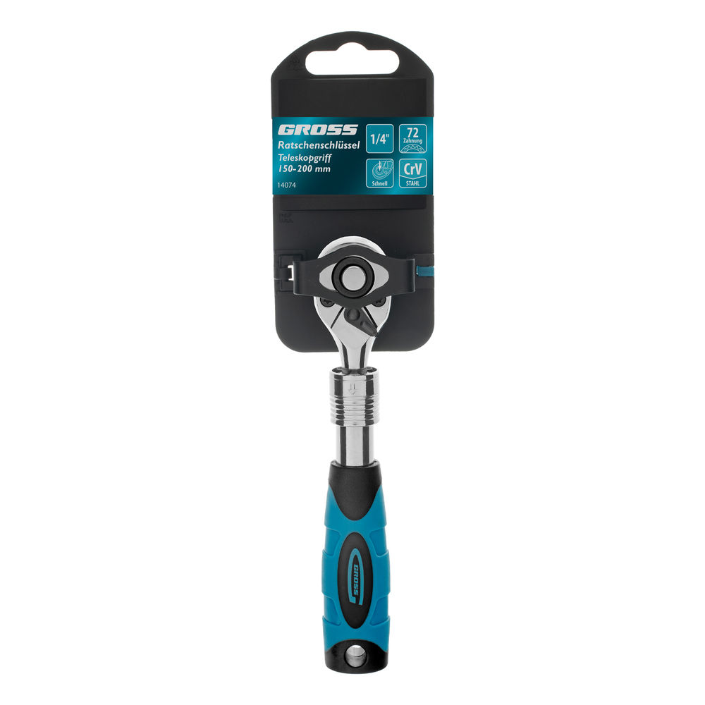 Ключ-трещотка телескопический 1/4, 150-200 мм, CrV, 72 зуба, с быстрым сбросом, хром Gross