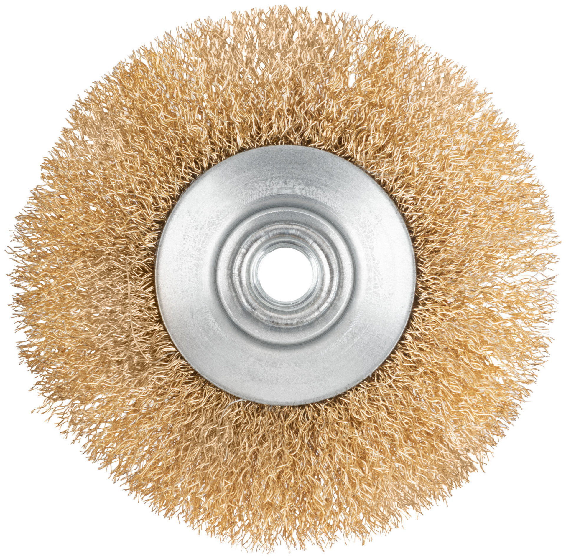 Корщетка-колесо с наклоном, гайка М14, стальная волнистая латунированная проволока 125 мм (39023)