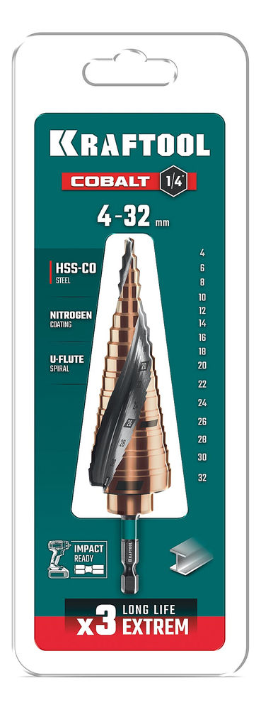 Сверло ступенчатое COBALT, 4–32 мм, 15 ступеней, азотирование, винтовая спираль KRAFTOOL 29691-4-32-15