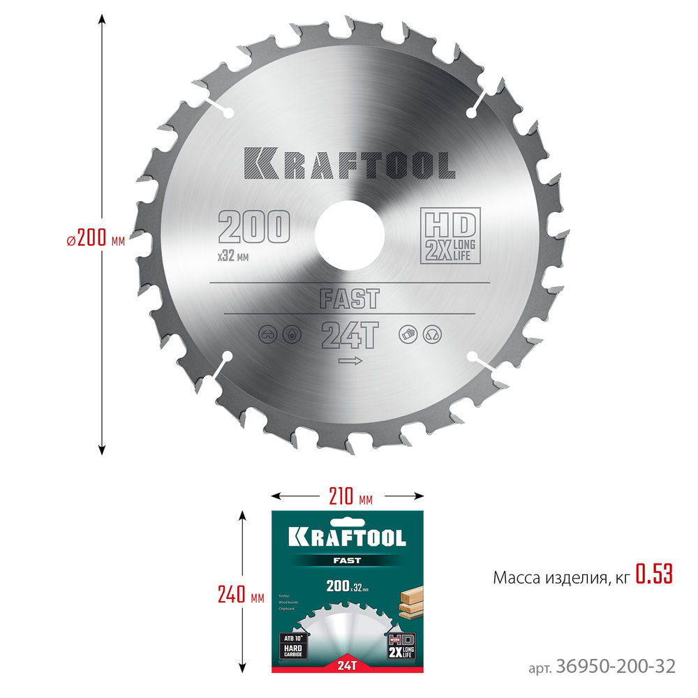 Пильный диск по дереву Fast, 200 х 32 мм, 24Т KRAFTOOL 36950-200-32