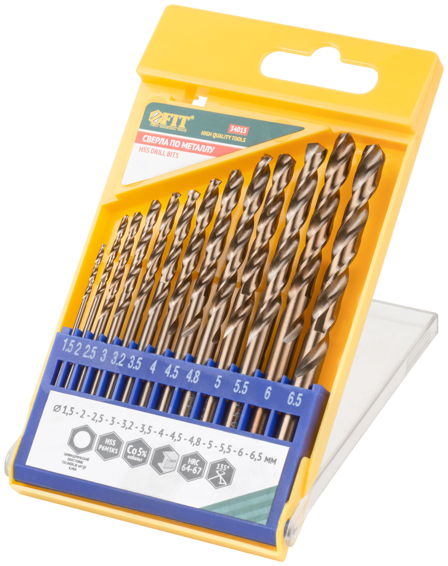 Набор сверл HSS по металлу с добавкой кобальта 5%, 13 шт. (1,5-2-2,5-3-3,2-3,5-4-4,5-4,8-5-5,5-6-6,5 мм) (34015)