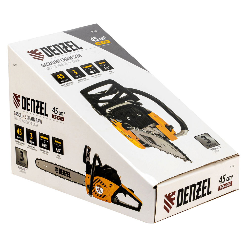 Пила цепная бензиновая DGS-4516, шина 40 см, 45 см3, 3 л.с, шаг 3/8, паз 1.3 мм, 57 звеньев Denzel (95230)