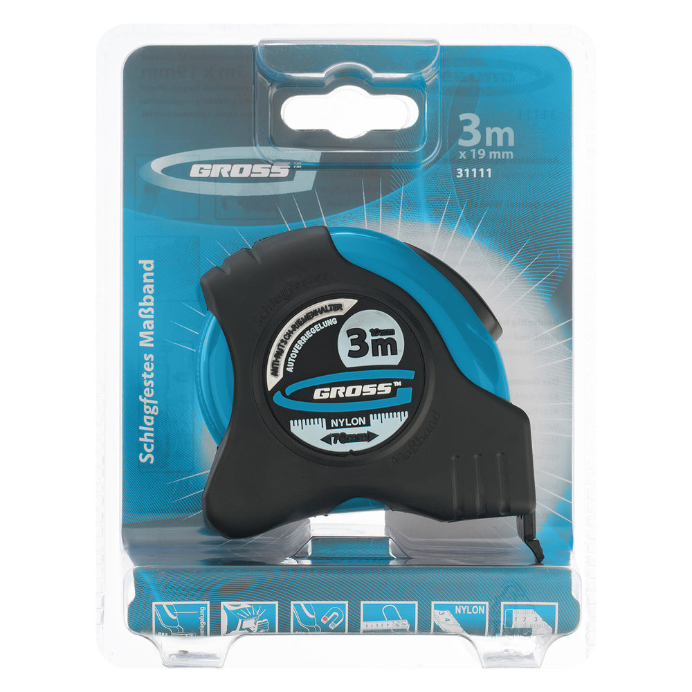 Рулетка Schlagfest,3 м x 19 мм,магнитный обрезиненный зацеп,двусторонняя шкала,Нейлоновое покрытие,автоматическая фиксация Gross