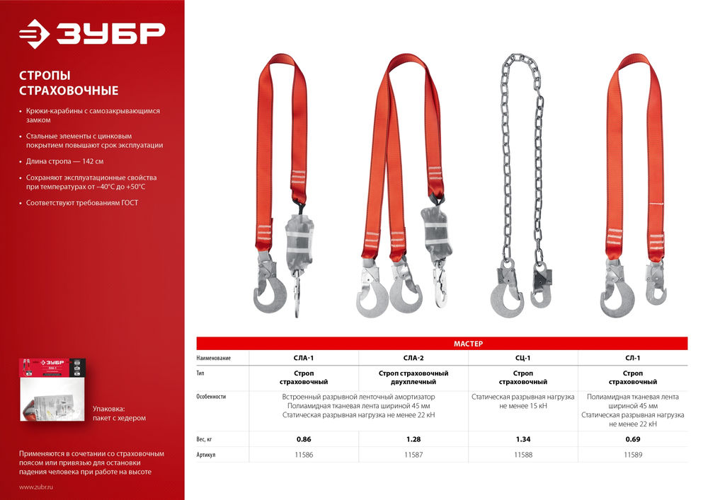 Строп одноплечный 1.42 м с карабинами из оцинкованной стали и амортизатором ленточным разрывным СЛА-1 ЗУБР 11586