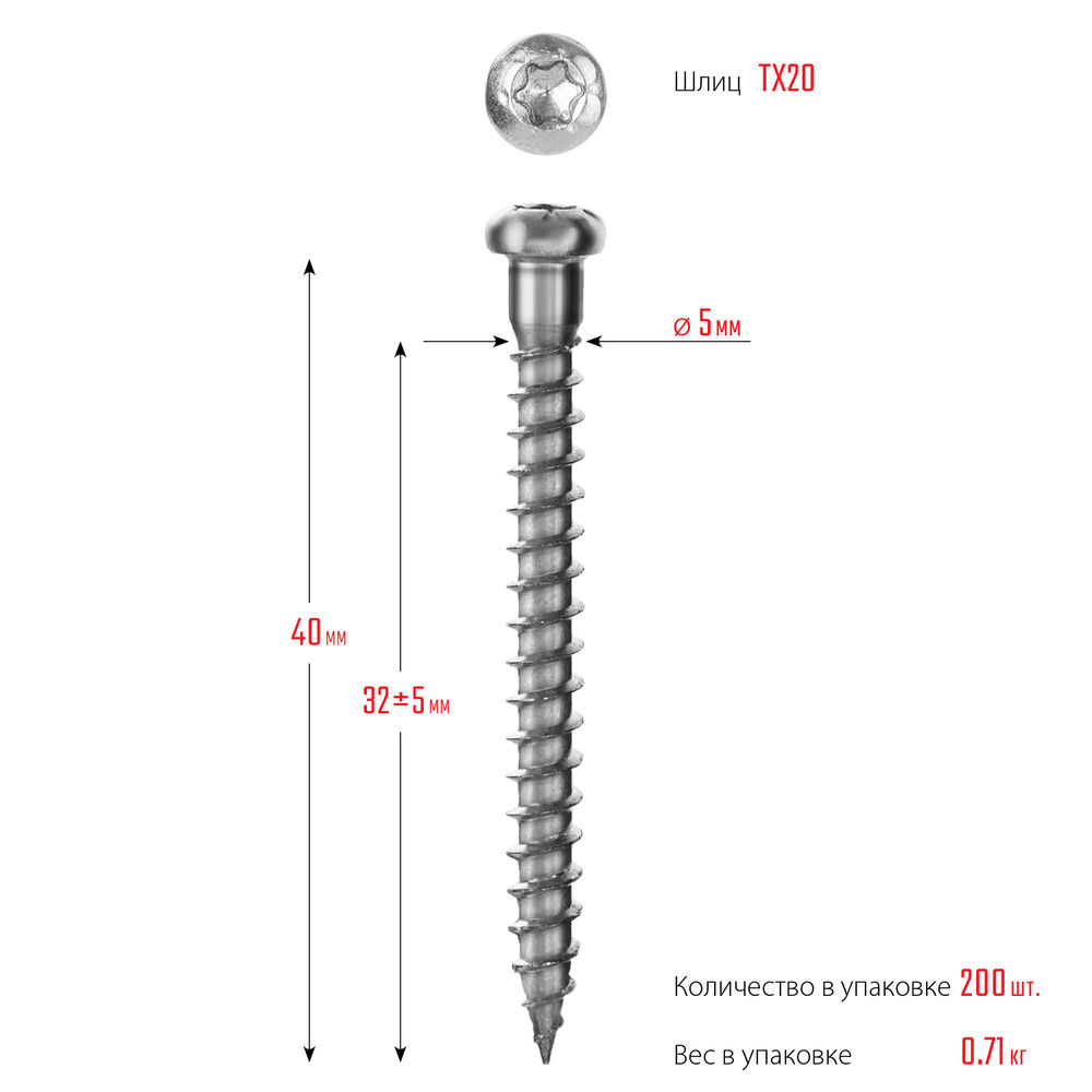 Саморез для перфорированного крепежа 40 х 5 мм, TX20, цинк, 200 шт Профессионал СПК ЗУБР 30061-50-40