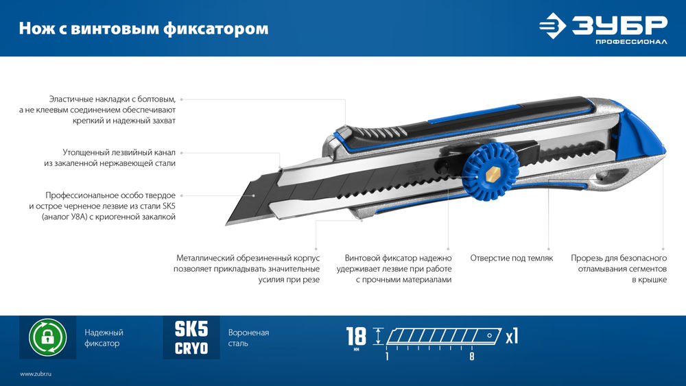 Металлический обрезиненный нож с винтовым фиксатором 18 мм Профессионал ЗУБР Титан-В 09174