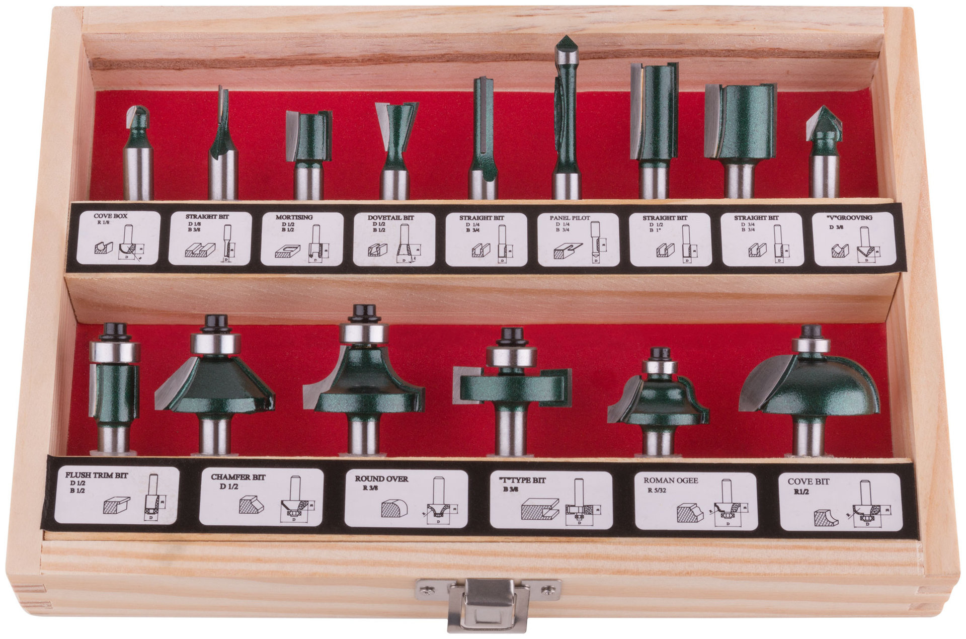 Фрезы по дереву кромочные, набор 15 шт., деревянный бокс, хвостовик 8 мм (36579)