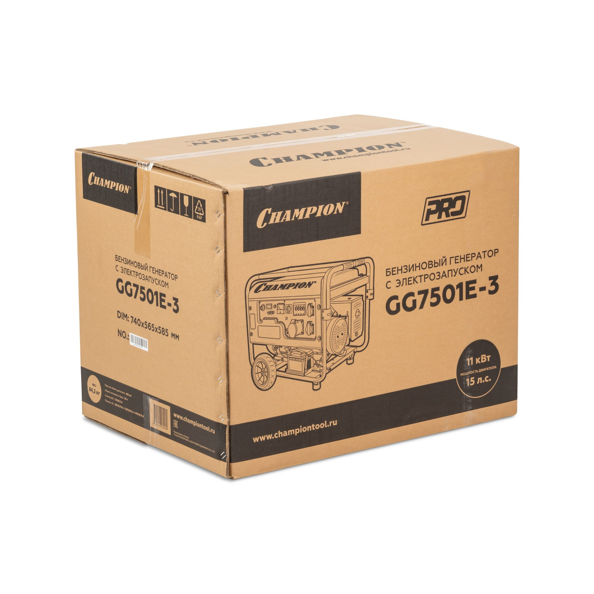 Генератор CHAMPION GG7501E-3 (PRO 400В7,5/8,1кВАcosф=0,8 15лс25л230/12В84,2кг,эл.стартер,счетч.колес (GG7501E-3)