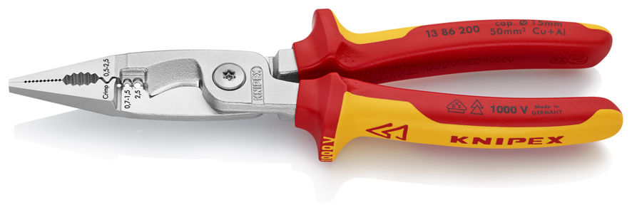 Клещи электромонтажные VDE 6-в-1 зачистка 0.75 – 1.5 / 2.5 мм? рез O 15 мм / 50 мм? 200 мм хром 2-комп диэлектрические ручки SB KN-1386200SB