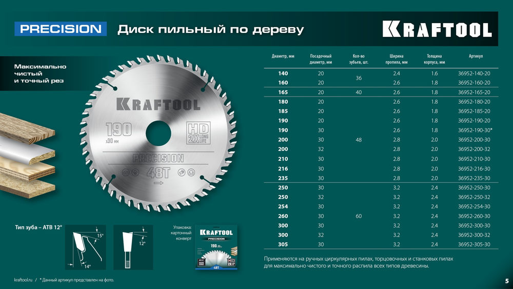 Пильный диск по дереву Precision, 160 х 20 мм, 36Т KRAFTOOL 36952-160-20