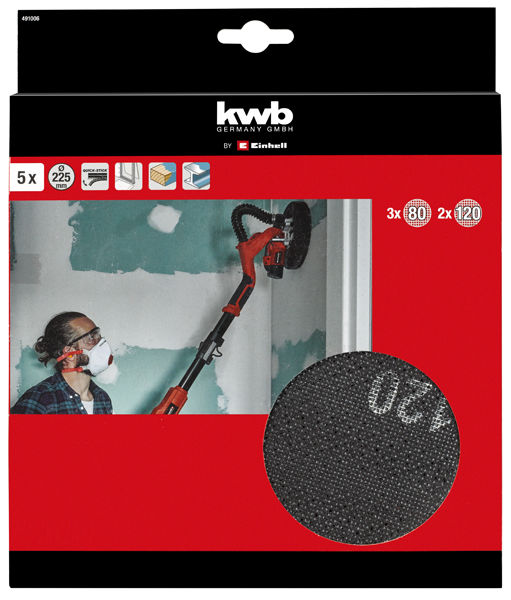 Набор шлифовальных сеток kwb by Einhell 225 мм 5 предметов, 2хР120, 3хР80 (491006)