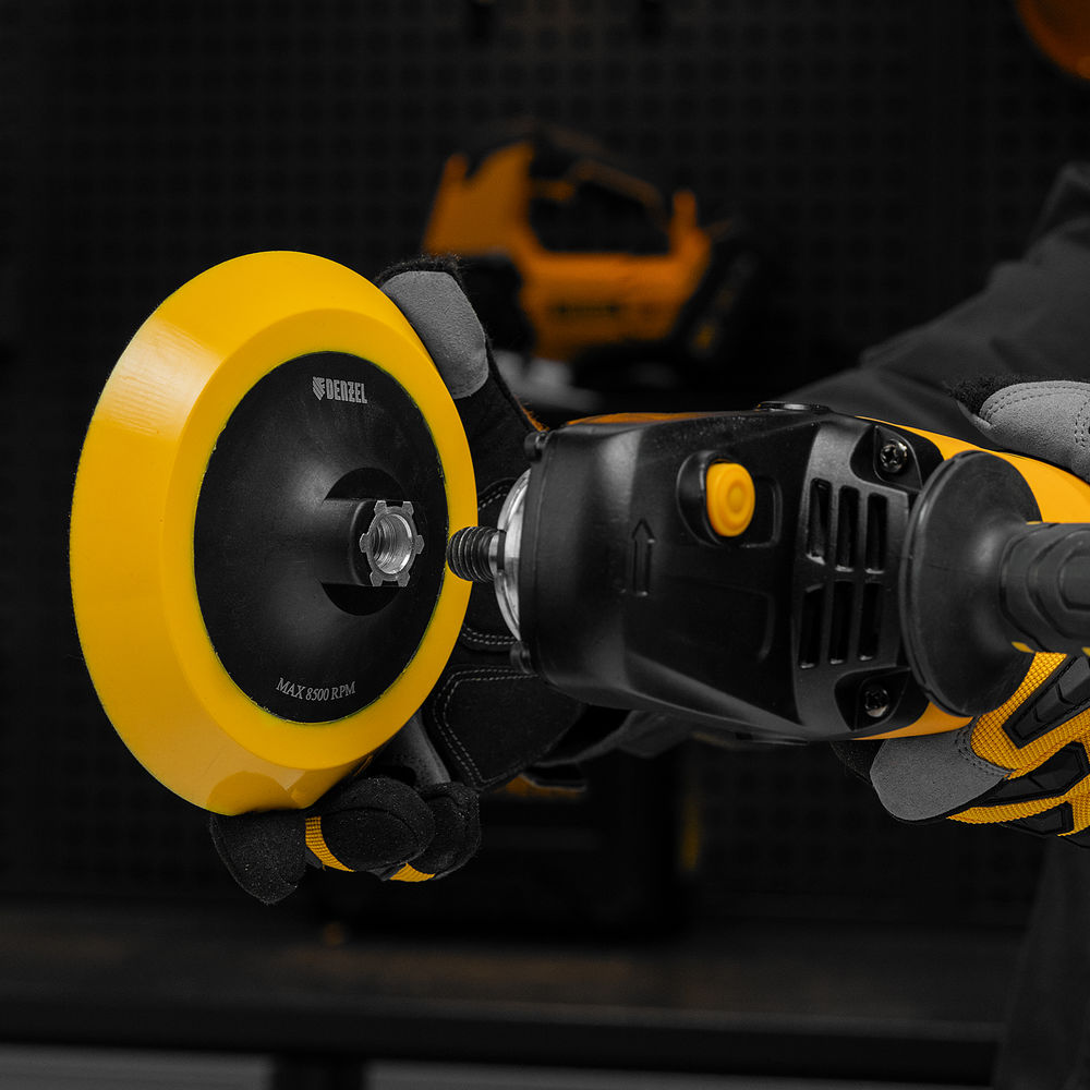 Тарелка опорная для дрели и УШМ с липучкой, 150 мм, мягкая, с адаптером c М14 на d8 Denzel (76249)